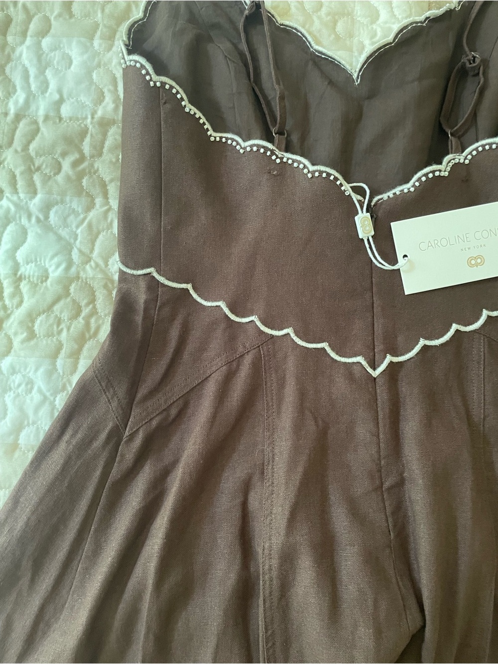 NWT Caroline Constas Brown Scallop-Trim Spaghetti-Strap Midi Dress || Size XS - Picture 7 of 8